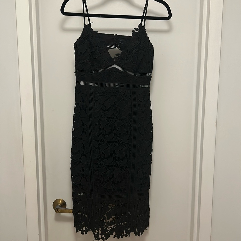 Black Bardot floral overlay midi dress with keyhole back